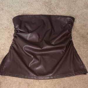 Brown Faux Leather Strapless Top